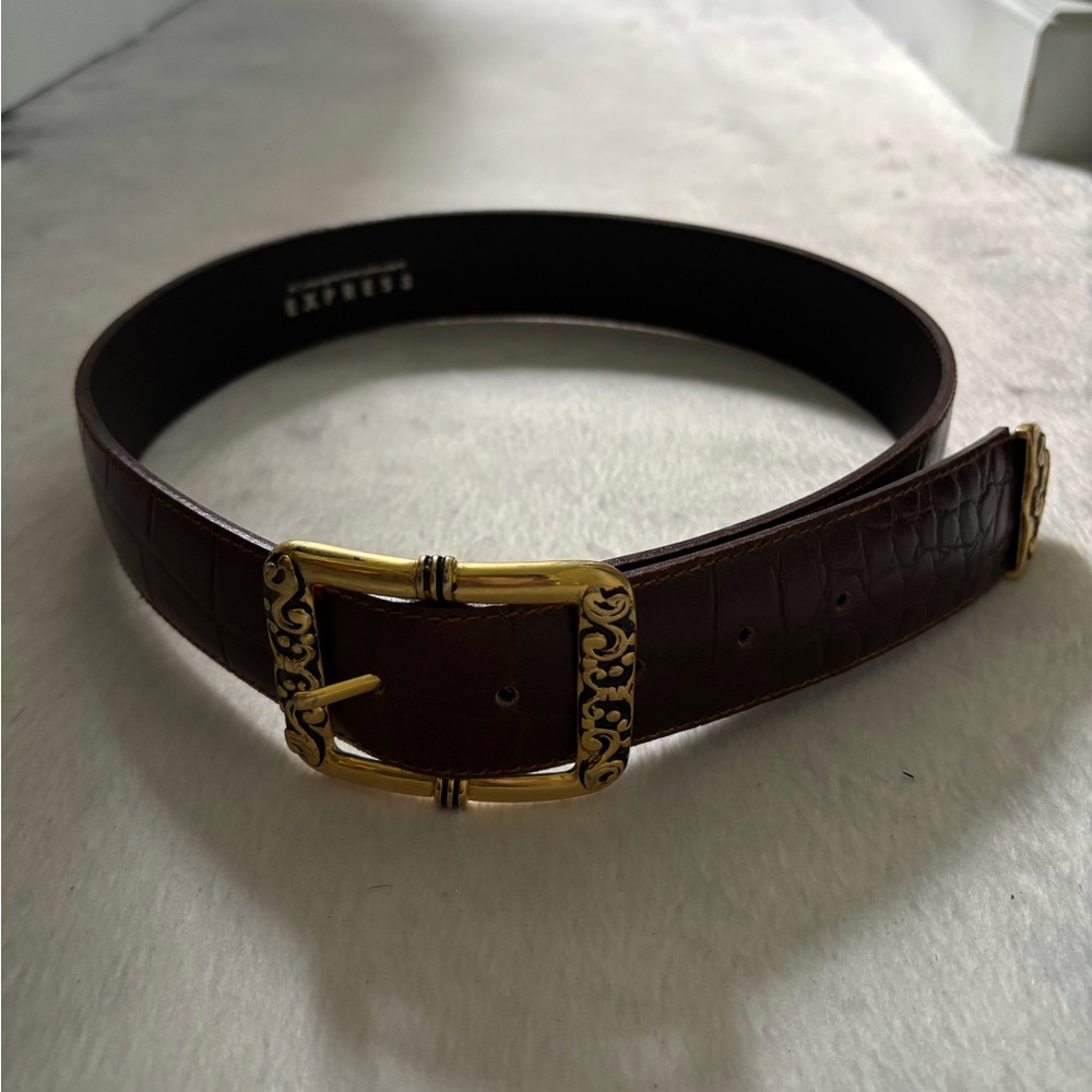 Express Dark Brown Leather Belt with Gold Ornate Buckle